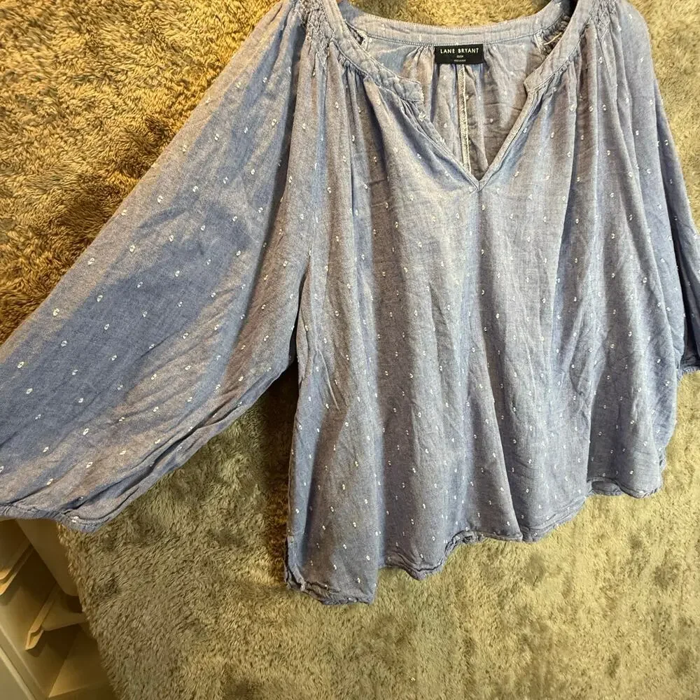 Lane Bryant Chambray Cotton Top Blouse Shirt Blue Popover Swing Size 22 24